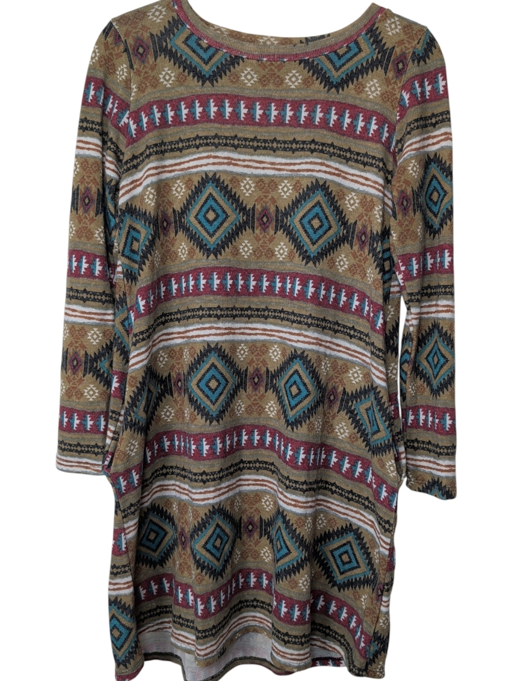 Aztec-Pattern Long Sleeve Tunic Dress - Teal & Tan - Picture 2 of 7